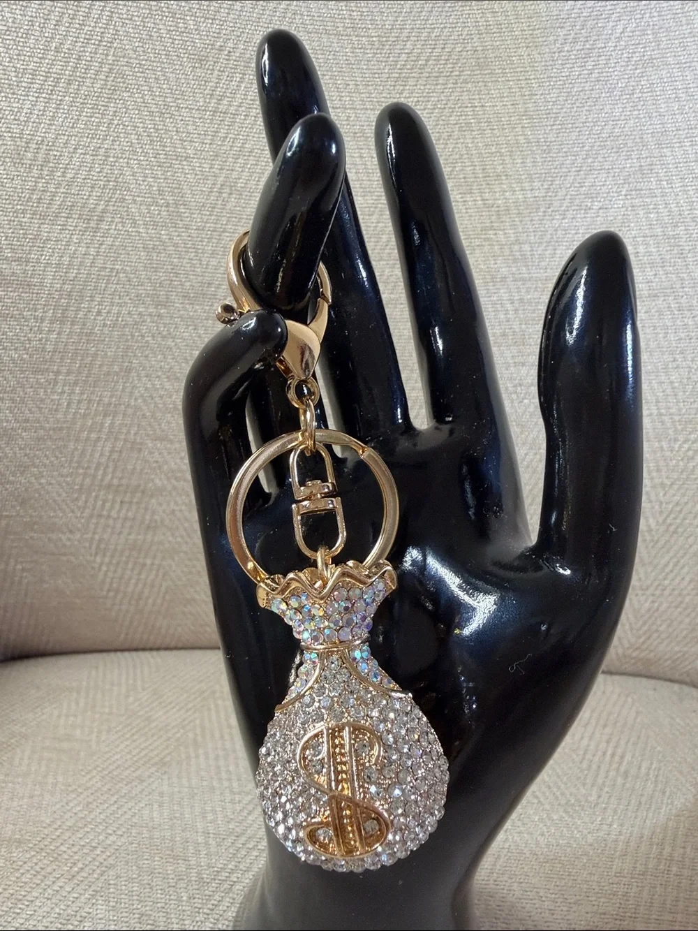Gold Rhinestone Money Bag Keychain - Sparkling Crystal Accent